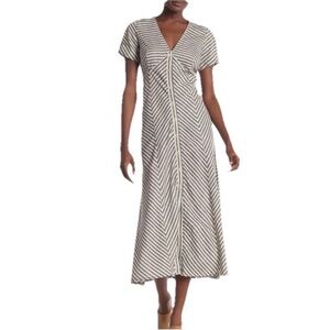 Max Studio Women’s 8 Grey/White Striped Button Front Midi Dress Casual Elegant
